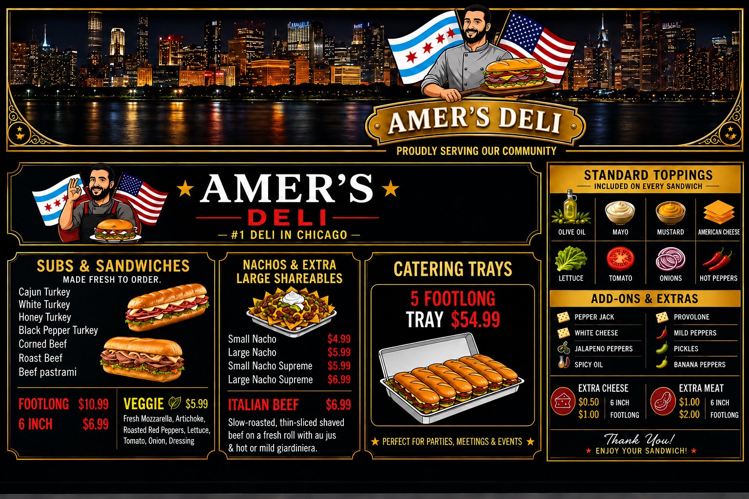 Amer's Deli menu board with prices for subs, nachos, Italian beef, and catering